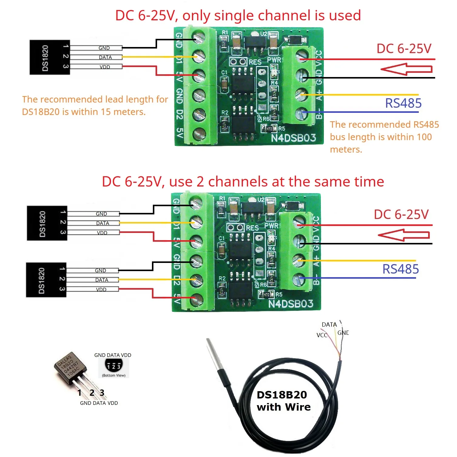 Ds18B20 Temperature Sensor - -55 to +125C DS18B20 Sensor 1-2CH